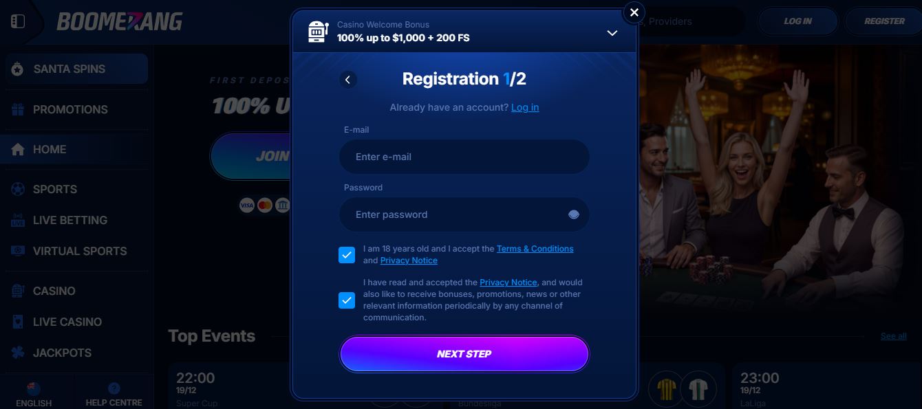 Start registration process by entering email and creating password