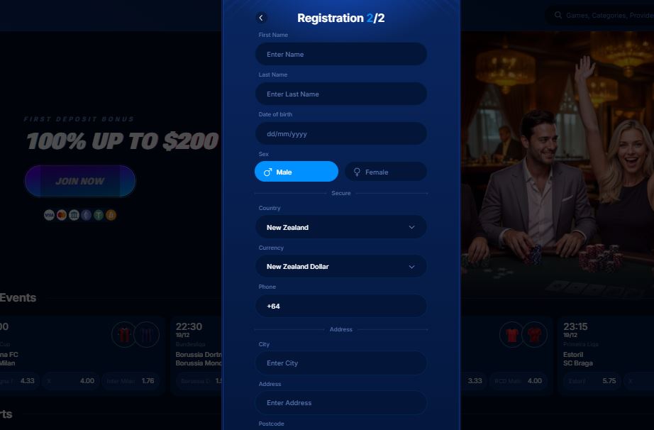 Complete Boomerang Bet registration by filling personal details and address