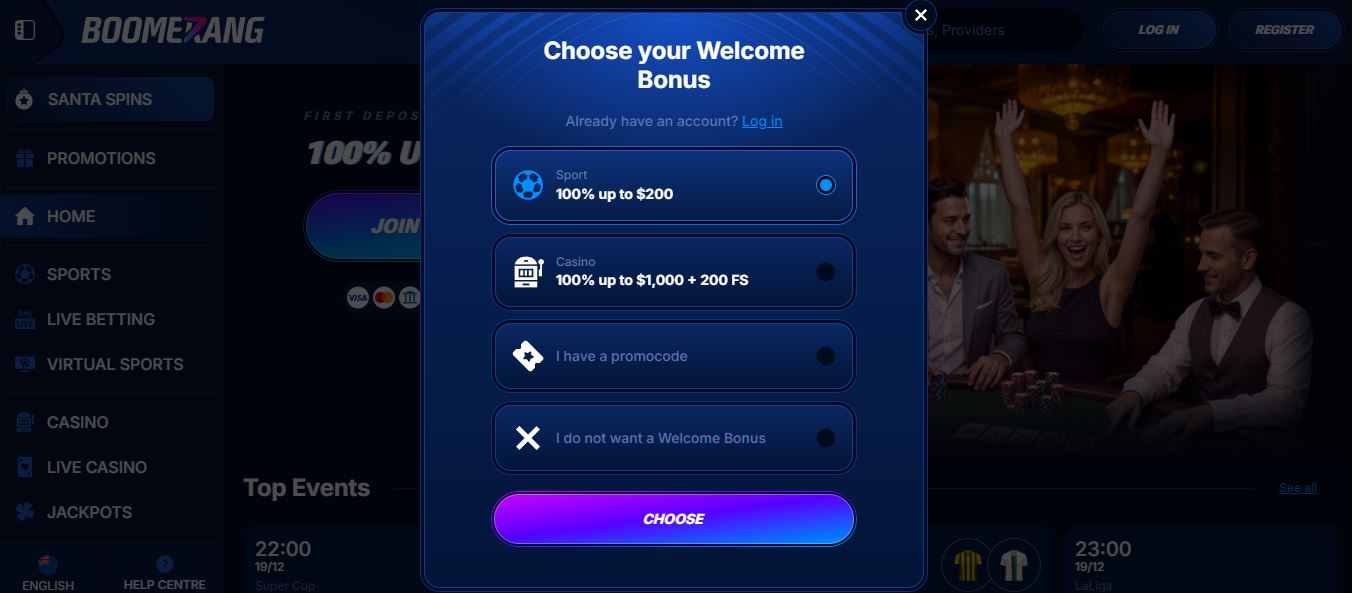 Choose between sport or casino welcome bonus